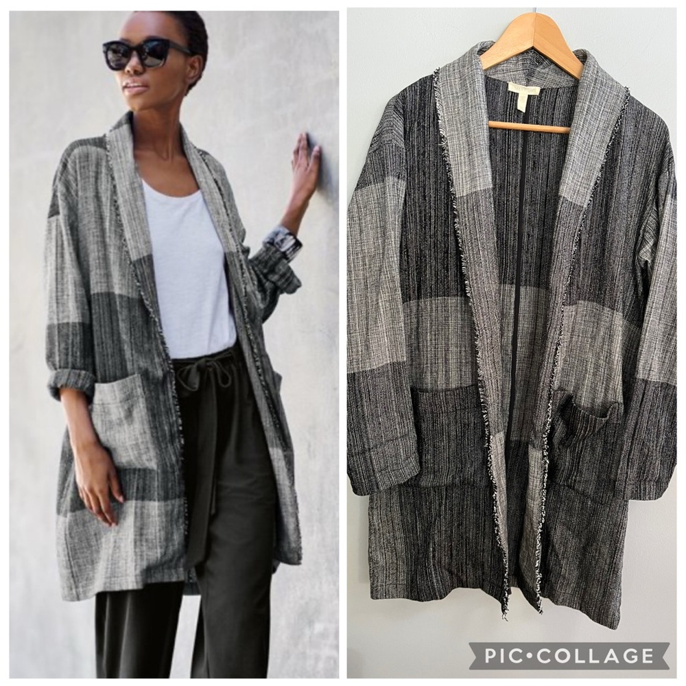 Eileen Fisher Organic Cotton Hazy Blocks Shawl Fringe Cardigan Duster Size S/M